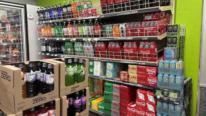 Des bouteilles et des canettes de boisson dans une épicerie.