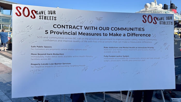 Grand panneau blanc intitulé « Contract with our Communities – 5 Provincial Measures to Make a Difference », couvert de signatures manuscrites.