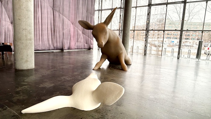 Deux cerfs semblent sortir du plancher. 