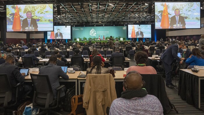 Des déléguées regardent le président chinois Xi Jinping qui prononce une allocution de manière virtuelle à la COP15. 