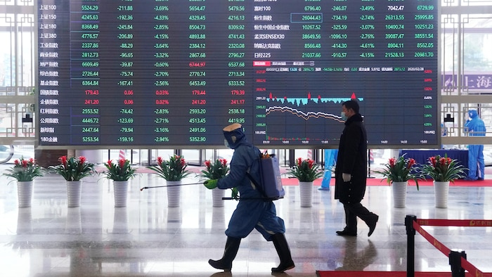 Un travailleur vêtu d'équipement de protection répand du désinfectant devant un tableau d'indices boursiers.