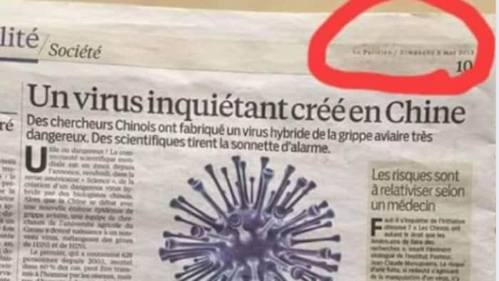 Capture d'écran tirée de Facebook. On y voit une photo de la version papier d'un article du journal Le Parisien publié en 2013  et intitulé "un virus inquiétant créé en Chine". Au-dessus de la photo se trouve le commentaire d'une internaute convaincue de la fabrication par l'humain du nouveau coronavirus.
