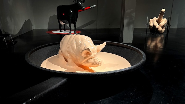 Un cochon semble fondre dans un très grand poêlon. 