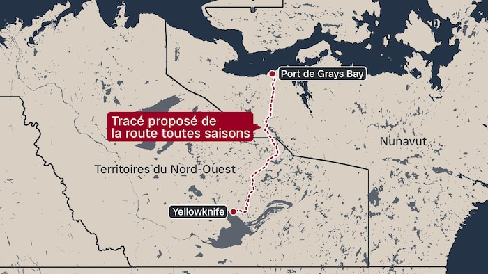 Une carte indique le tracé d'une route entre Yellowknife et Grays Bay, au Nunavut.