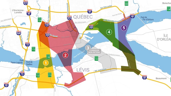 Carte montrant cinq différents corridors.