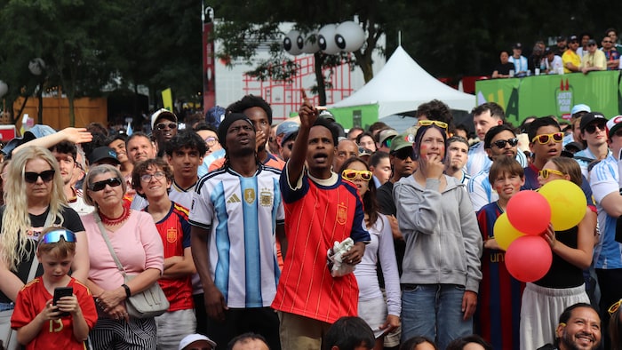 Deux amis portant des maillots des deux équipes s'obstinent dans la foule.