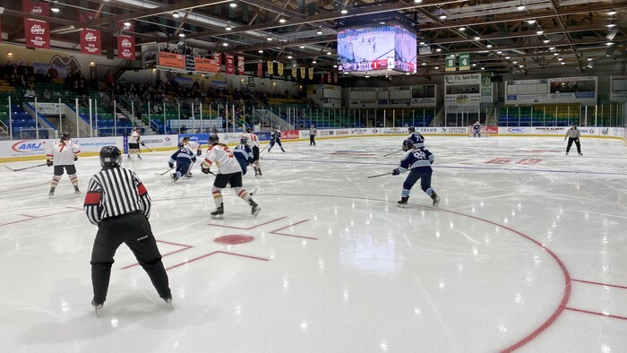 Une patinoire de hockey où deux équipes en bleu et blanc s'affrontent. 