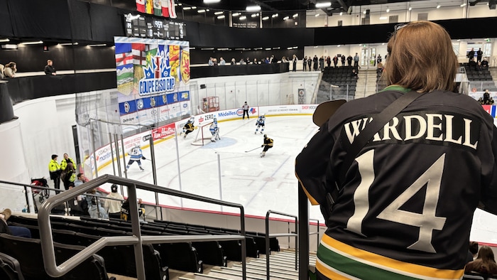 Une femme en chandail de hockey foncé, de dos dans les gradins de l'aréna, pendant que le match se déroule sur la glace.
