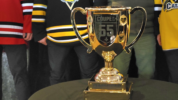 Un trophée est déposé sur une table.