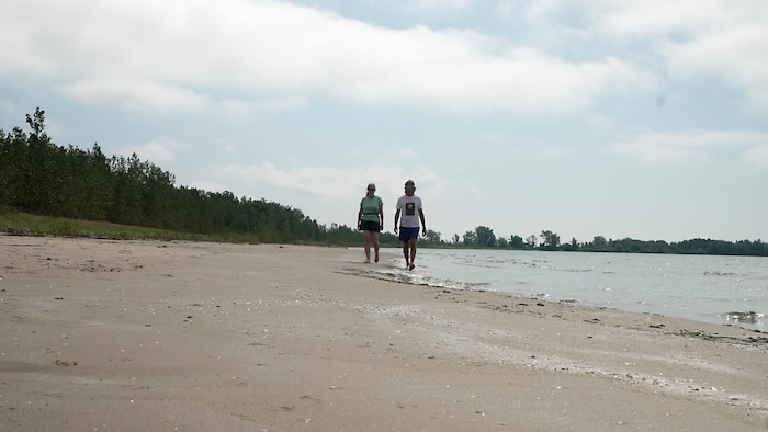 Un couple se promène sur une plage déserte.