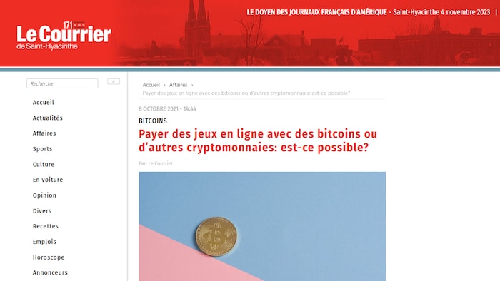 Capture d'écran du site web du Courrier de Saint-Hyacinthe. L'article a comme titre "Payer des jeux en ligne avec des bitcoins ou d'autres cryptomonnaies : est-ce possible?"