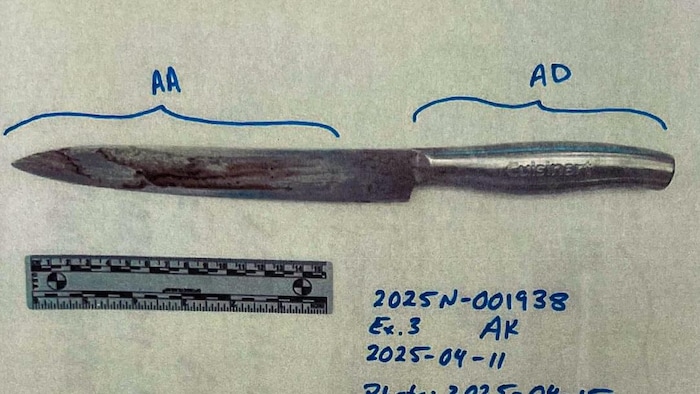 Une photo d'un couteau recouvert de marques rouges. Il y a des informations relatives à la preuve.