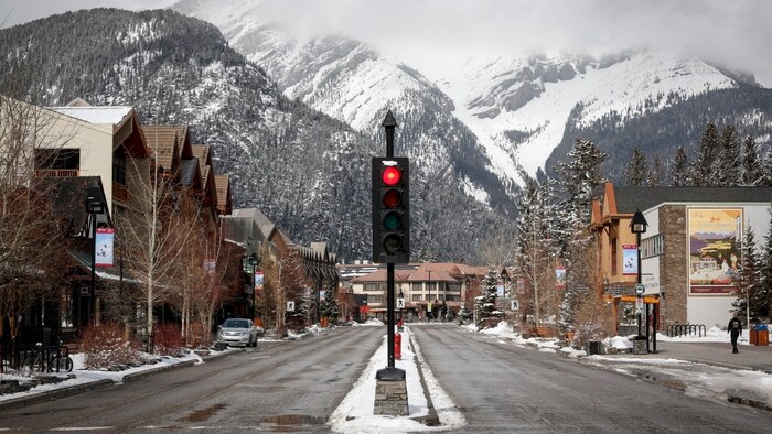 Empty streets in Banff after Parks Canada restricted vehicles during a COVID-19 infection surge in the province. 