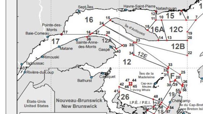 Carte qui délimite des zones de pêche au crabe des neiges.