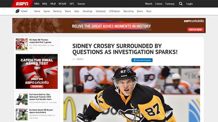 Capture d'écran d'une fausse nouvelle à propos de Sydney Crosby. «Sydney Crosby fait face aux questions alors que l'enquête débute», peut-on lire.