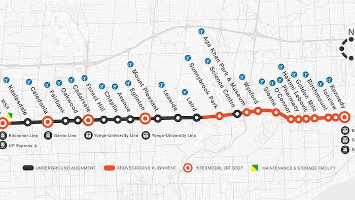Carte de la Ville de Toronto illustrant le trajet effectué du TLR Egliton Crosstown.