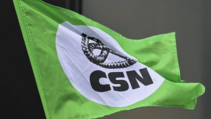 Un drapeau vert flotte dans le vent.