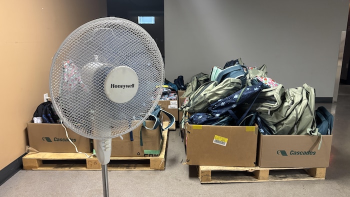 UN ventilateur devant des sacs.
