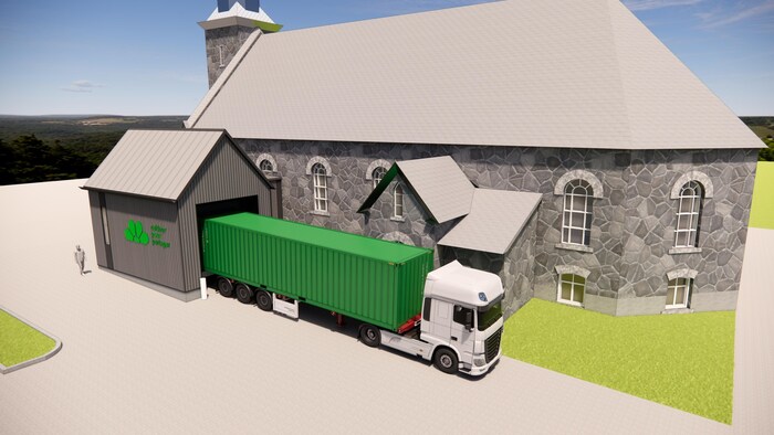 Dessin où l'on voit un camion vert devant une église.