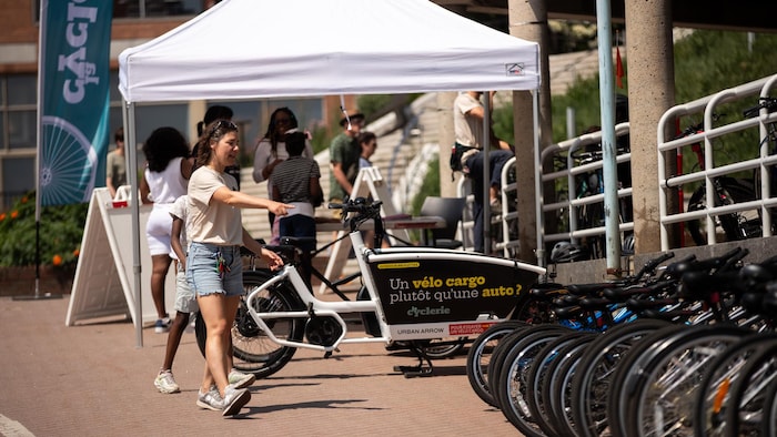 Une rangée de vélos et une femme qui les pointe.