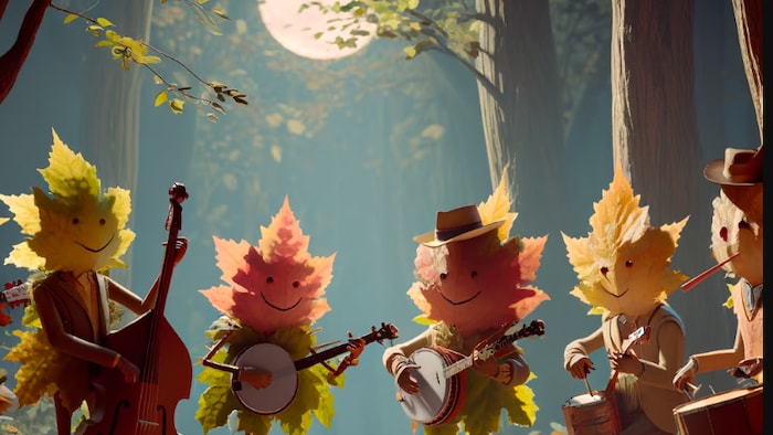 Des personnages en forme de feuilles jouent d'un instrument de musique dans une forêt. 