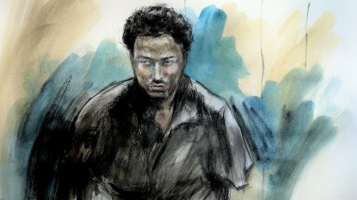 Dessin de cour de la comparution de Damian Hudson.