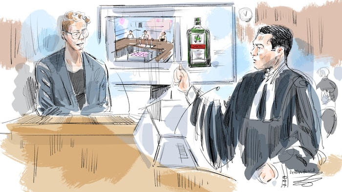 Un croquis de Tiffany Waque, à la barre des témoins, en train d'être interrogé par l'avocat Daniel Brown