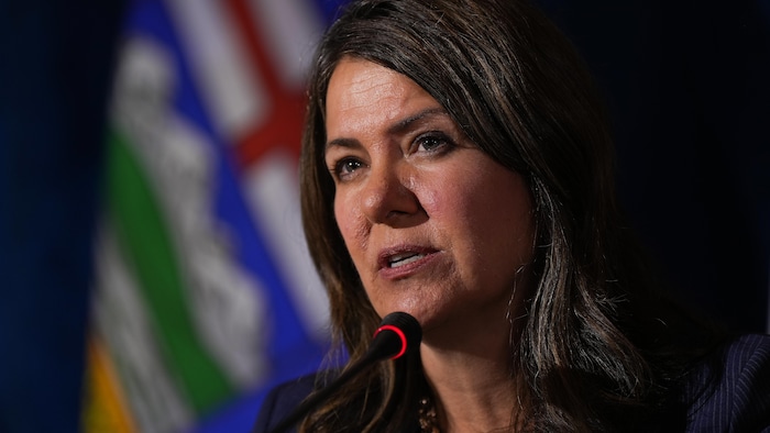 Alberta Premier Danielle Smith responds to a question during a news conference after a meeting of western premiers, in Whistler, B.C., on Tuesday, June 27, 2023. THE CANADIAN PRESS/Darryl Dyck
