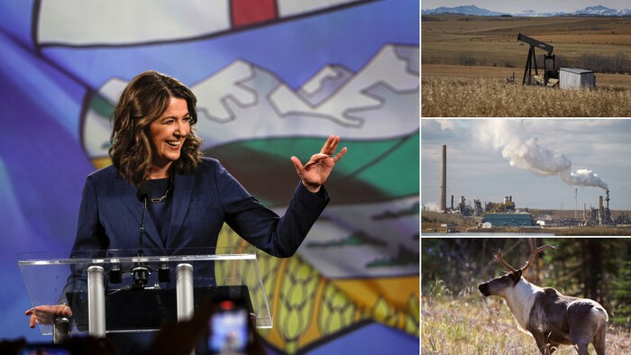 Montage photo montrant Danielle Smith, un puits de pétrole, une usine de sables bitumineux et un caribou.
