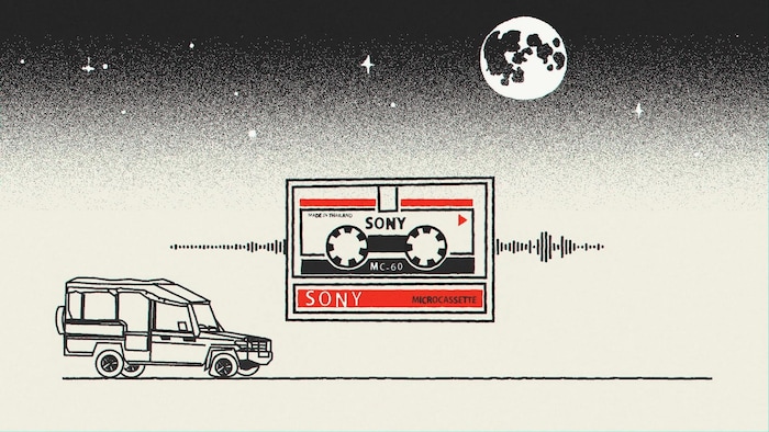 Un dessin d'une cassette Sony et d'un camion. 