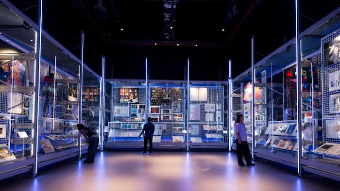 Des gens regardent des objets exposés dans des vitrines.