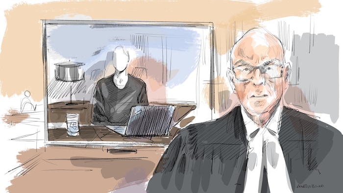 Un croquis de l'avocat de Michael McLeod, David Humphrey et de la plaignante