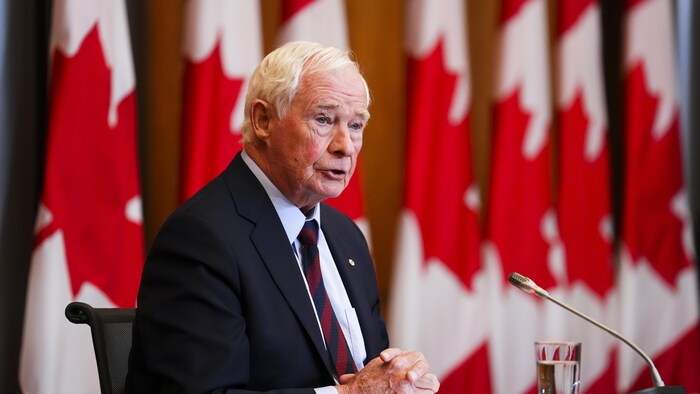 David Johnston en conférence de presse devant des drapeaux canadiens.