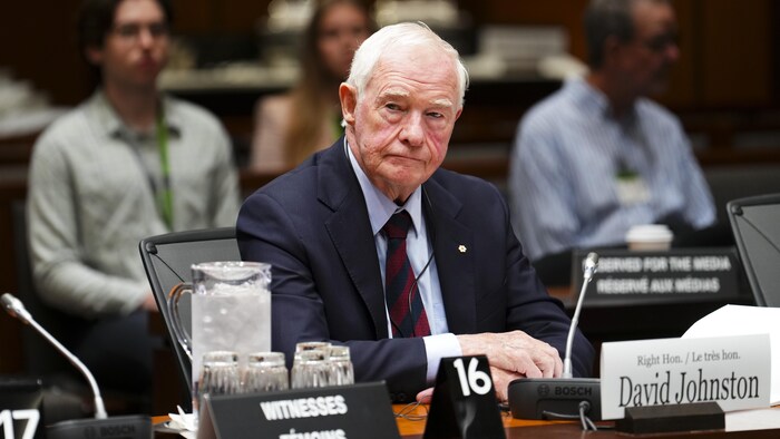 David Johnston assis à une table, devant un micro, en comité parlementaire.