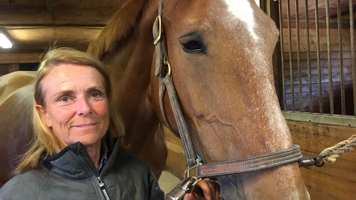 Une femme dans une écurie tient un cheval par la bride.