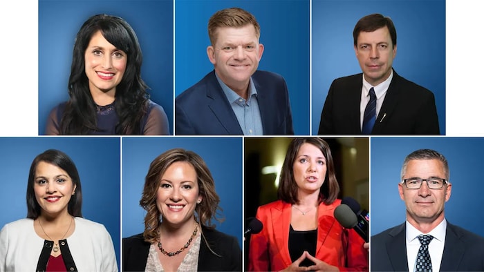 Un montage de sept photos des sept candidats dans la course à la chefferie du Parti conservateur uni de l'Alberta.