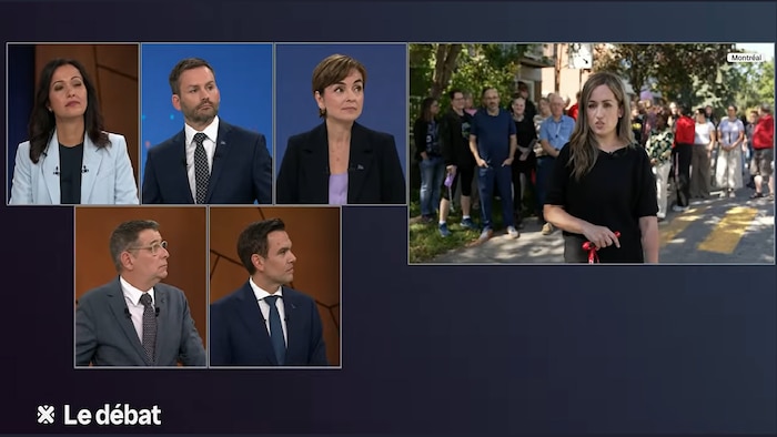 À droite, une enseignante qui s'adresse à la caméra, à gauche, les chefs des cinq principaux partis au Québec qui l'écoutent parler.