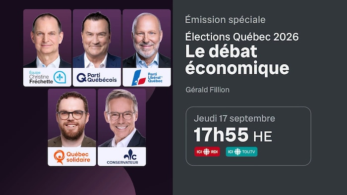 Afficher annonçant le débat économique avec le portrait des cinq pariticpants.