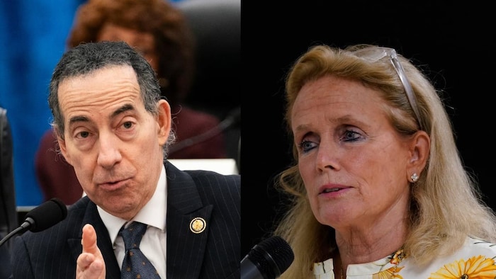 Un photomontage de Jamie Raskin et Debbin Dingell en train de parler au micro.