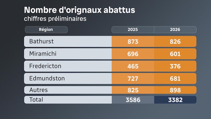 Un tableau indiquant le nombre d'orignaux abattus au Nouveau-Brunswick en 2026.