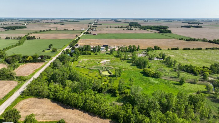 Une prise de vue de drone montre un terrain vague parsemé d'arbres entouré de champs.