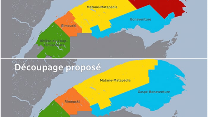 Une carte indique le découpage actuel et proposé des circonscriptions en Gaspésie et dans le Bas-Saint-Laurent. 