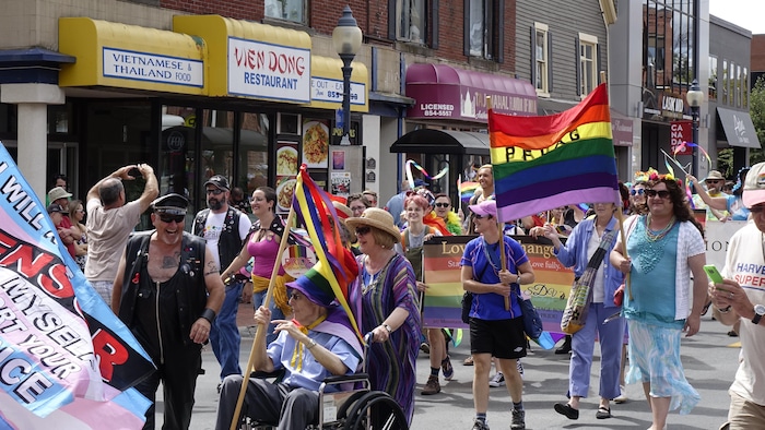 Des gens marchent au centre-ville avec des drapeaux.