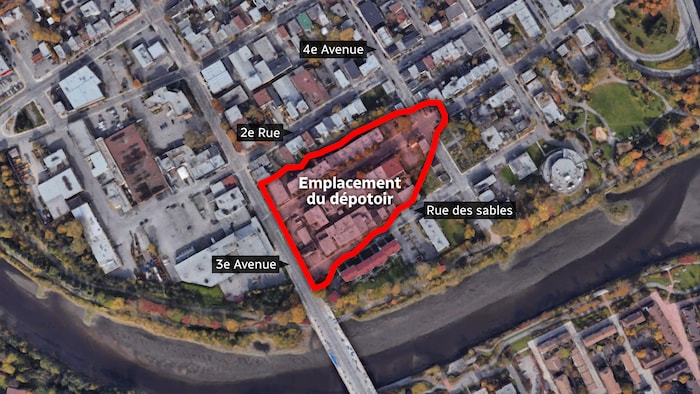 Carte arienne avec une zone ciblée entre la rue des sables, la 3e avenue, la 2e rue et la 4e avenue.