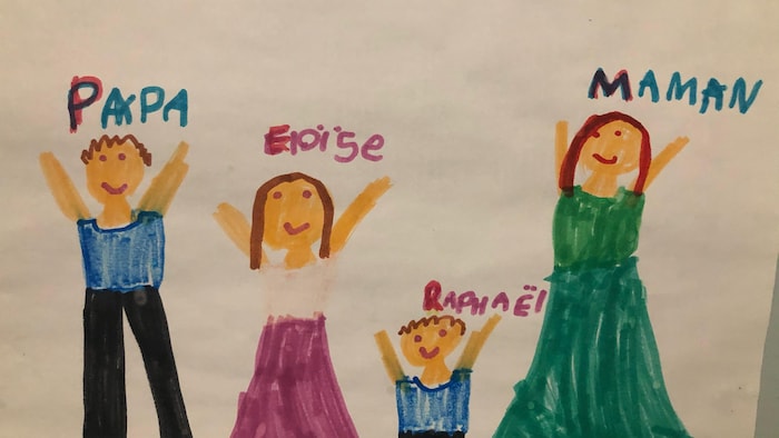 Un dessin d'enfant où sont représentés papa, Éloïse, Raphaël et maman.