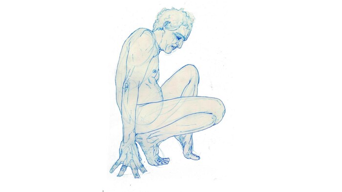 L'œuvre est un dessin d'homme accroupi de côté.