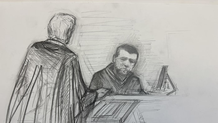 Un croquis d'audience montrant Zachery Trevors en train de témoigner. 
