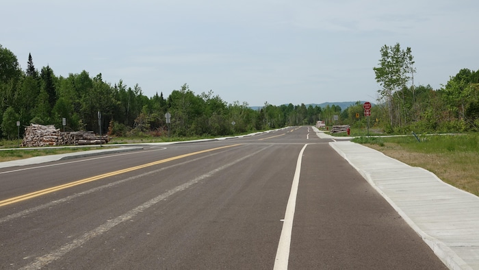 Une rue asphaltée au milieu d'un secteur boisé.
