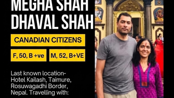 Avis de recherche jaune et noir affichant les photos et les noms de Megha Shah et Dhaval Shah, avec des numéros de téléphone en bas de page.