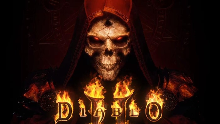 Un démon aux yeux rouges avec le logo de Diablo II en-dessous.
